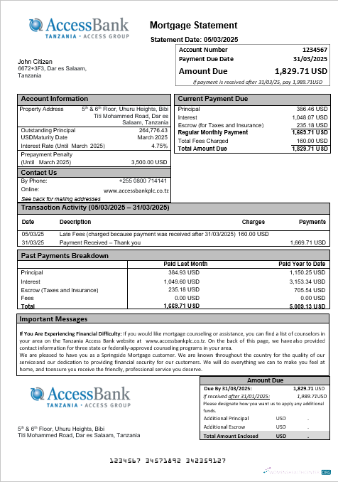 Download Tanzania Access Bank mortgage statement in Word and PDF formats Photoshop template